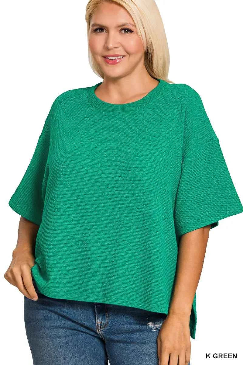 Zenana Full Size Double Knit Side Slits Hi Low Short Sleeve Top Plus Size d103e9e6-fcdc-4cc5-a727-ea0d9aa98b76-Max-Origin