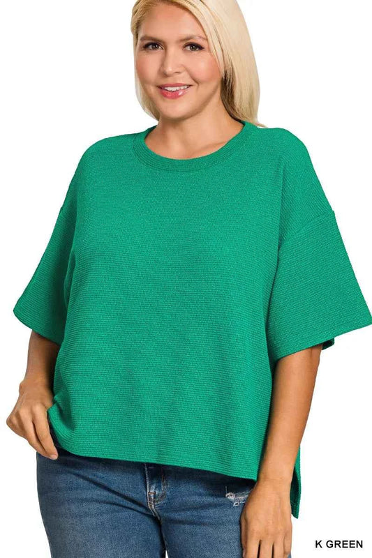 Full Size Double Knit Side Slits Hi Low Short Sleeve Top Plus Size d103e9e6-fcdc-4cc5-a727-ea0d9aa98b76-Max-Origin