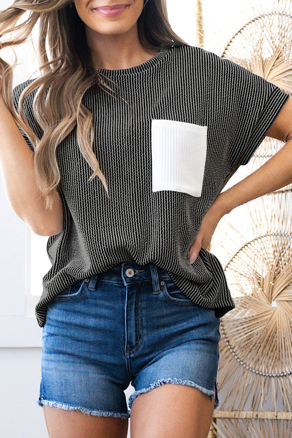 Pink Corded Colorblock Pocket Crew Neck T Shirt d104485286379687