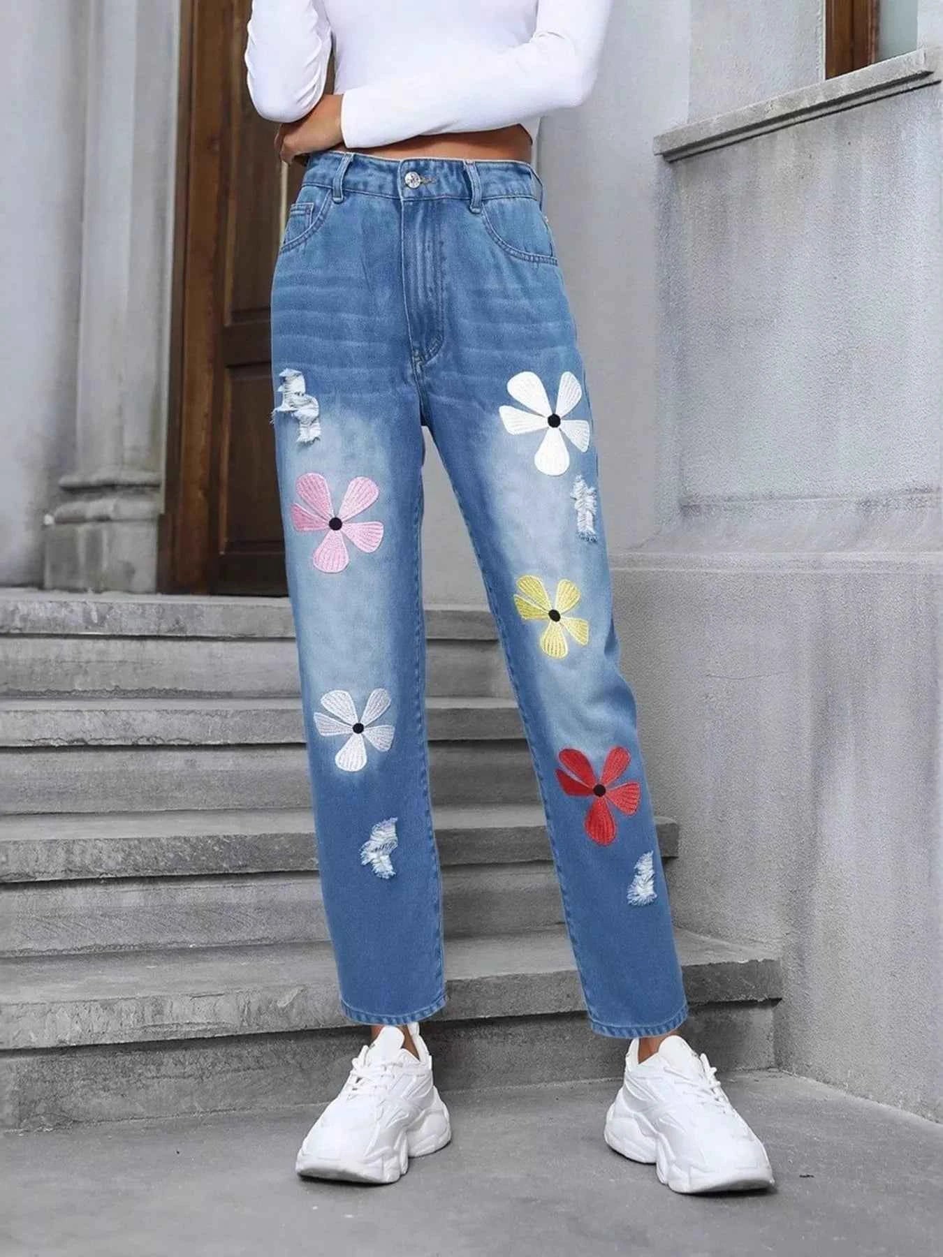 Floral Embroidered High Waist Distressed Jeans d1048cfd85fa46ae8de15a8afaadb79b-Max-Origin