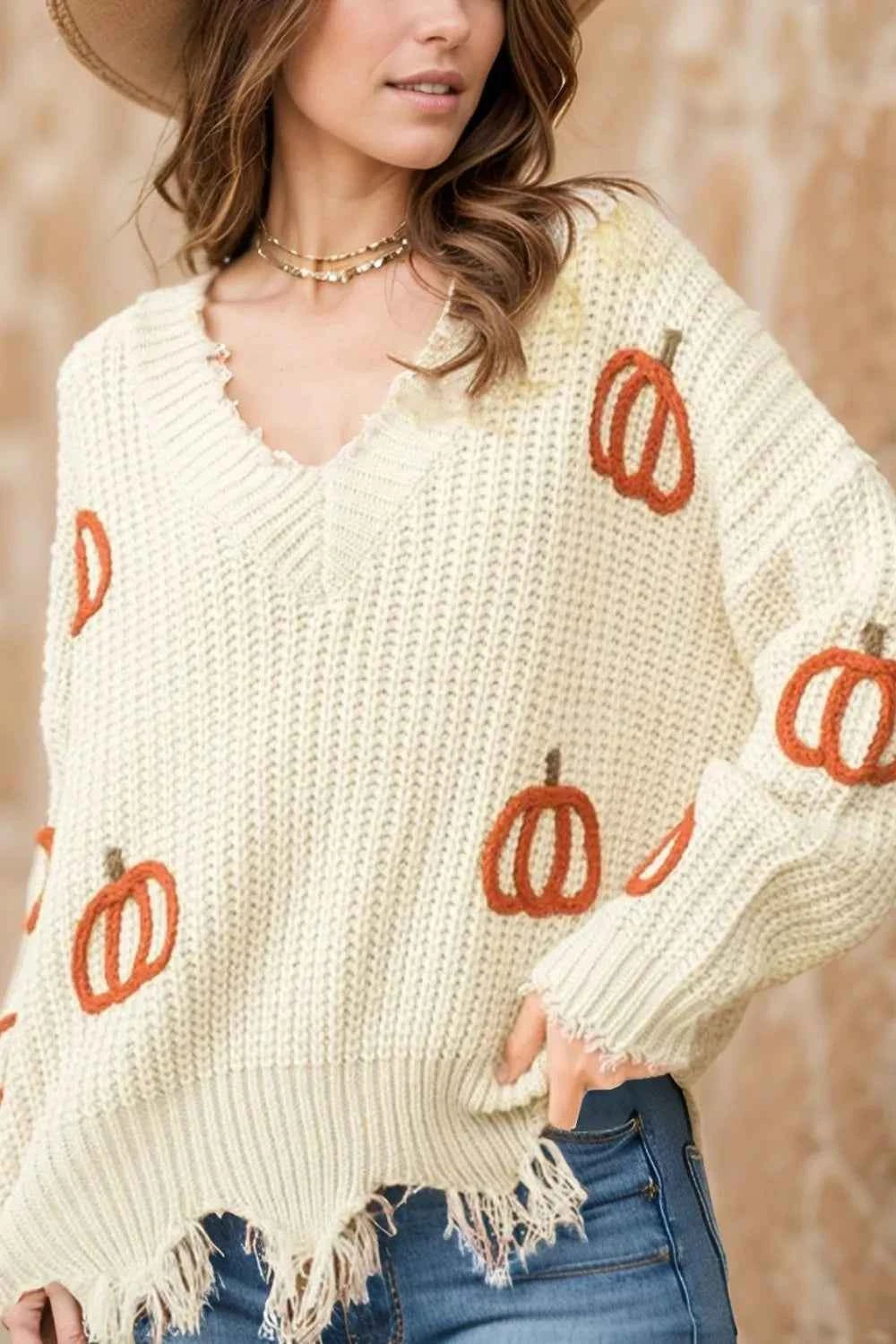 Raw Hem Pumpkin V-Neck Long Sleeve Sweater Beige d1067002-ca9a-43de-b877-f2006f8bad7a-Max