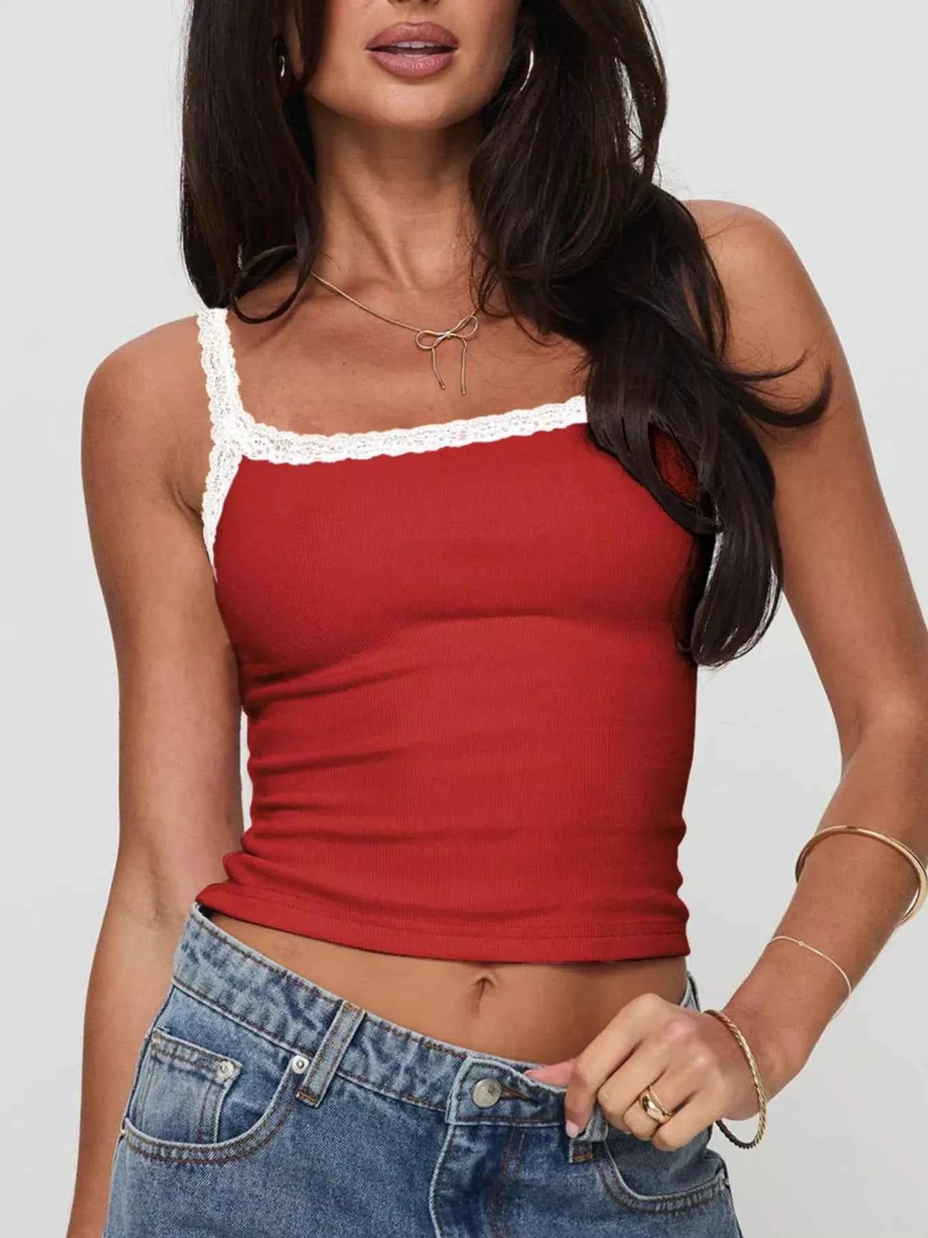 Lace Detail Contrast Trim Cami Scarlet d10d3303-e01d-4fdb-b61f-2ba616d85d84-Max-Origin