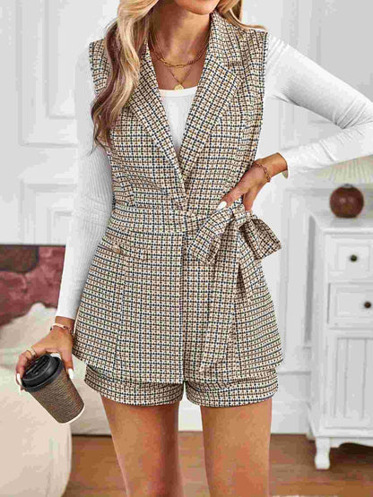 Tied Plaid Collared Neck Vest and Shorts Set