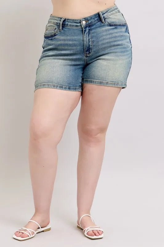 Judy Blue Full Size V-Front Vintage Wash Shorts Plus Size d114d4a7-269e-42b1-bfc2-216889a694d6-Max-Origin