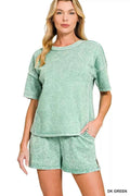 Zenana Halo Snow Washed Short Sleeve Tee and Shorts Set DK GREEN d11b91df3b1c417c81476772c30e7352-Max-Origin