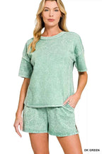 Zenana Halo Snow Washed Short Sleeve Tee and Shorts Set DK GREEN d11b91df3b1c417c81476772c30e7352-Max-Origin