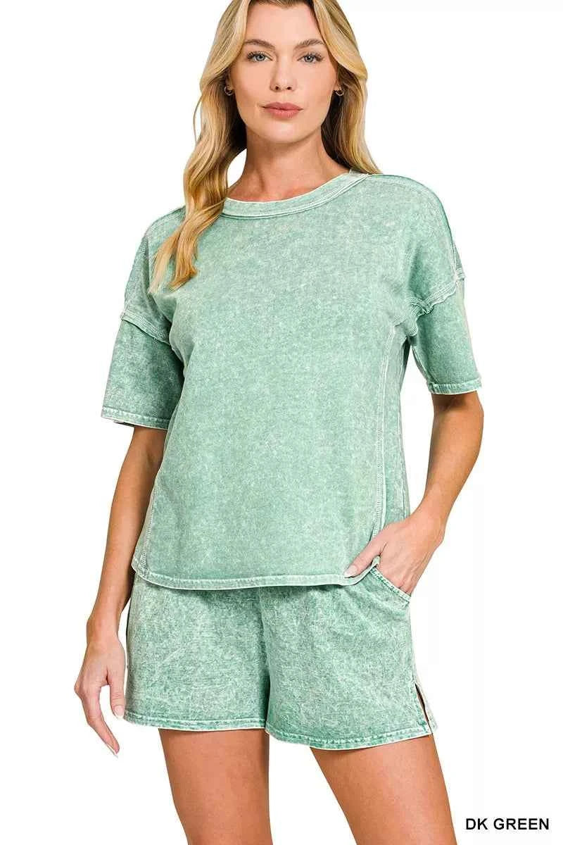 Zenana Halo Snow Washed Short Sleeve Tee and Shorts Set DK GREEN d11b91df3b1c417c81476772c30e7352-Max-Origin