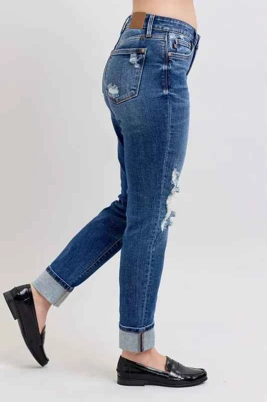 Full Size Mid Rise Boyfriend destroy Jeans with Yoke Pockets and Faux Selvedge Cuff Plus Size d11d5938983e489abe4a43f90731e115-Max-Origin