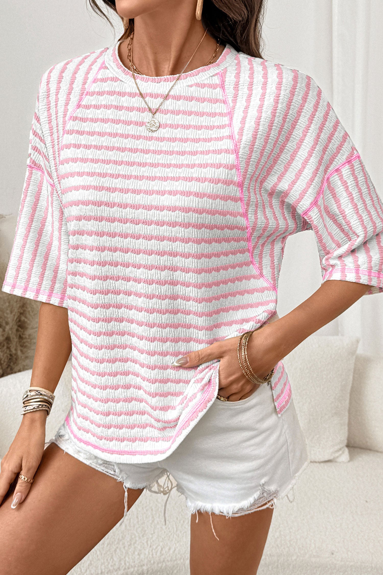 Apricot Stripe Textured Knit Split Hem Half Sleeve Loose Top d11fd7d27563383b