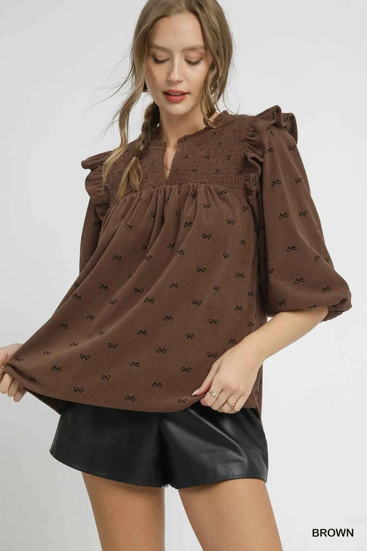 Bow Print Corduroy Puff Sleeve Blouse with Ruffled d12209d7-99bd-4f2e-8277-f7e9ccd67d1b-Max-Origin