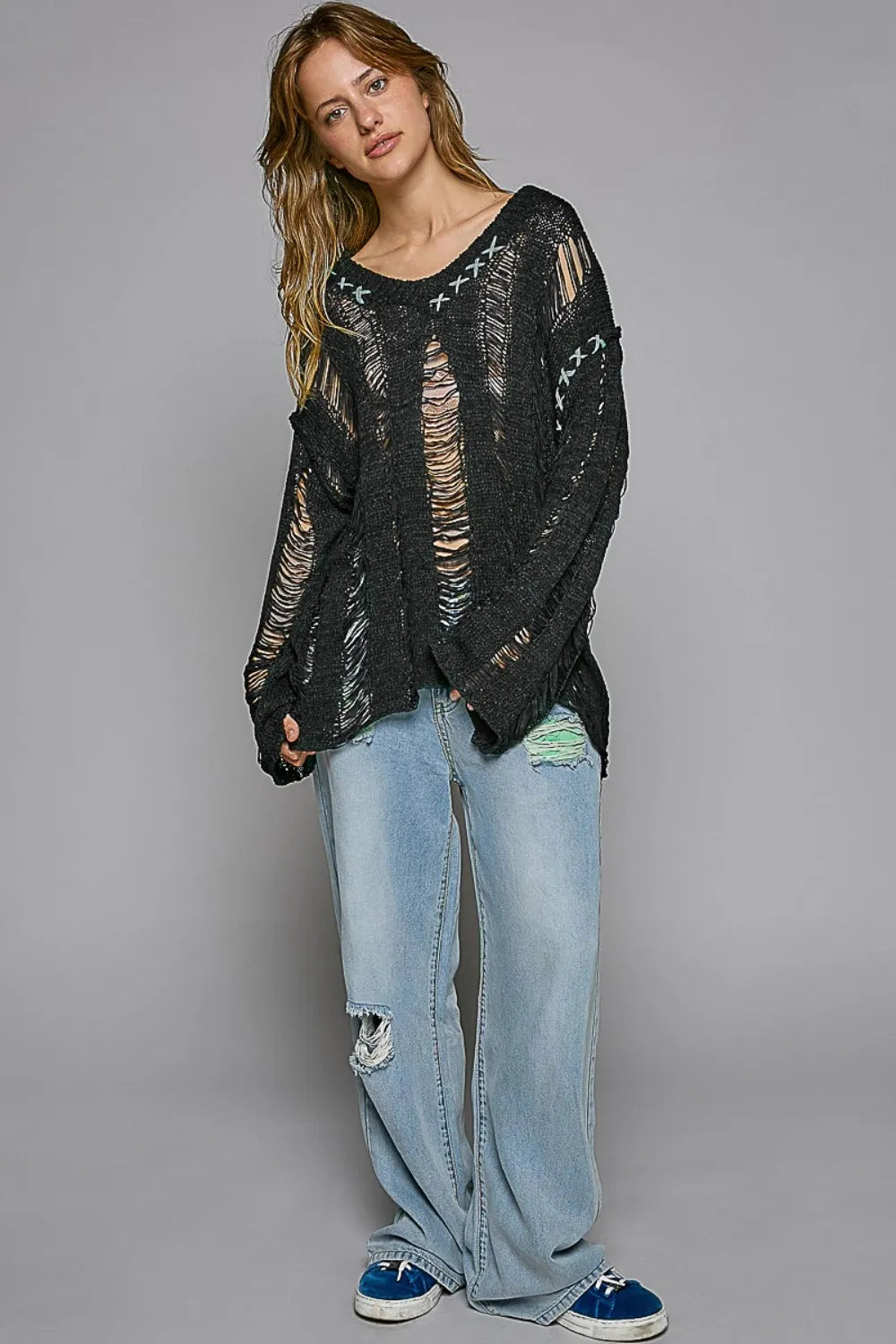 POL Distressed Dropped Shoulder Long Sleeve Knit Top Black d1227036-b49f-4c2c-bd52-a65e68a395eb-Max