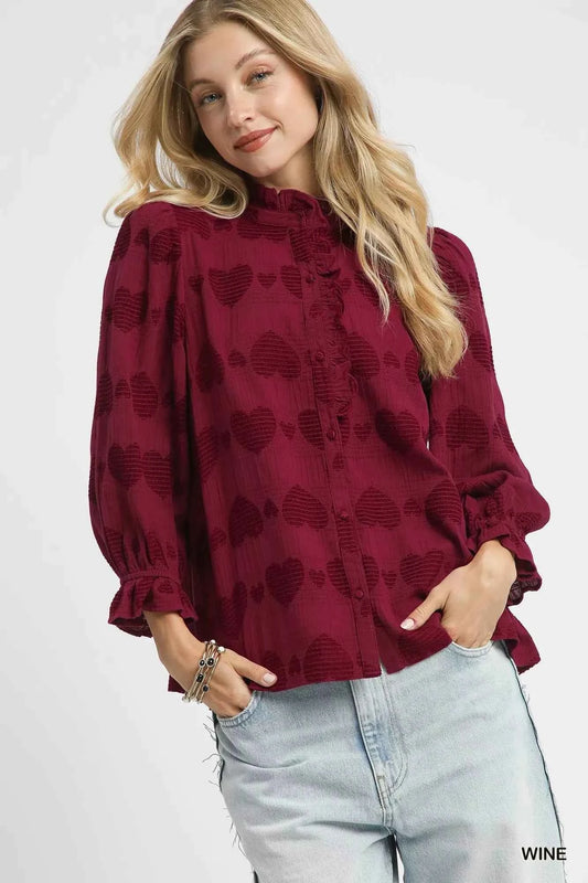 Umgee Heart Jacquard Ruffle Trim Shirt WINE d12380ec-e14f-49f2-83ed-00210b01f7ae-Max-Origin