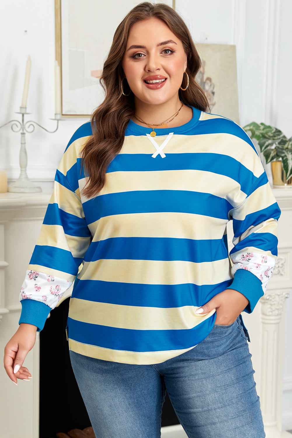Blue Stripe Floral Color Block Drop Shoulder Plus Size Pullover Top d132690c40f3abdb