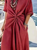 Twist Front V-Neck Half Sleeve Dress Red d138862f-b2fc-45f3-b2f0-551547fa8a87-Max-Origin