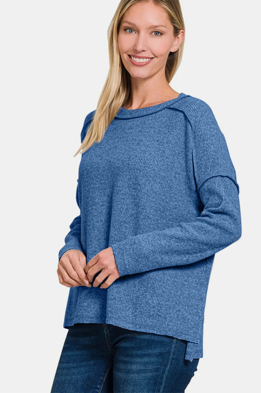 Full Size Exposed Seam Brushed Round Neck Sweater d139147a-fa31-4817-9e6b-66f5de02b289-Max