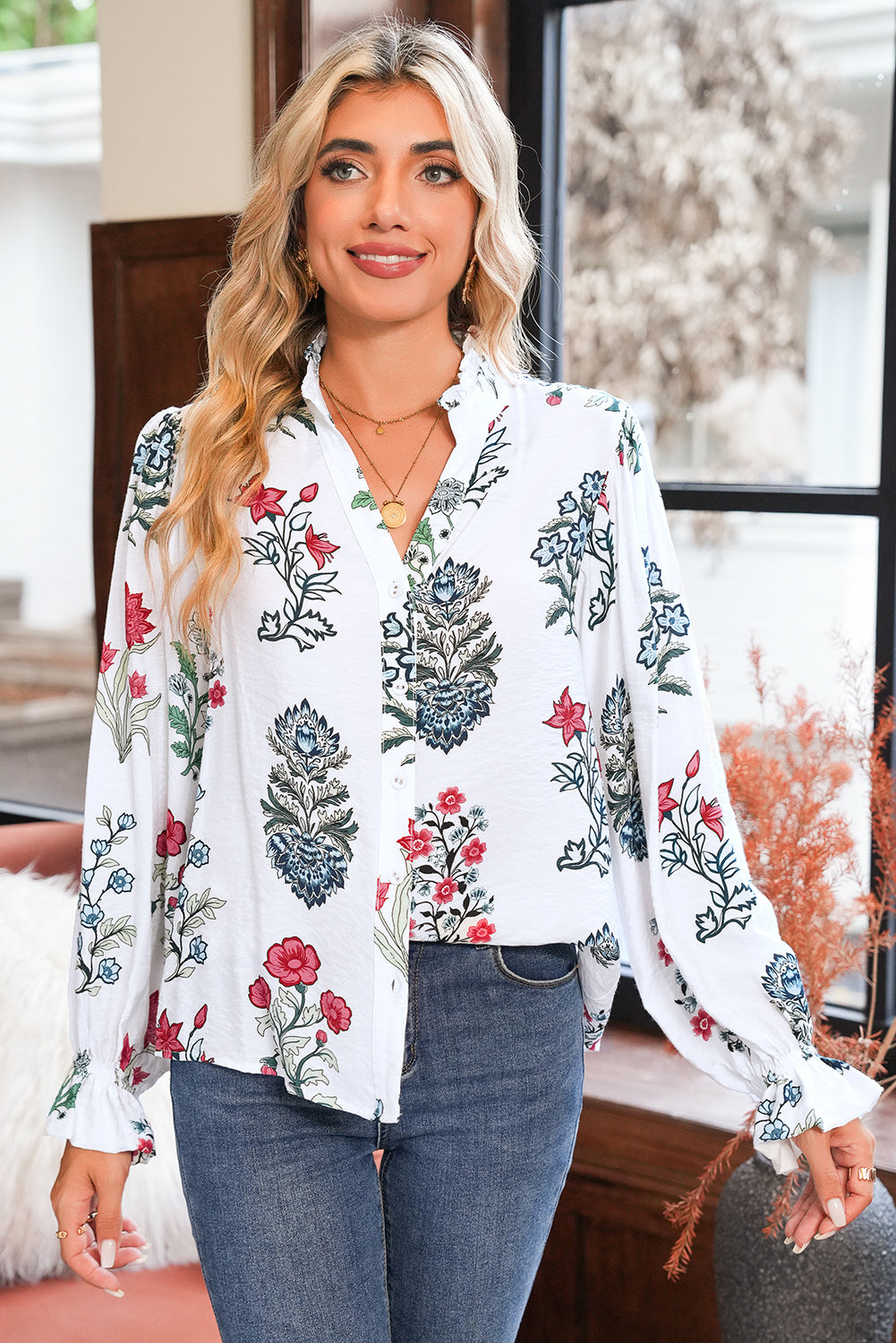 White Floral Print V Neck Loose Drop Sleeve Shirt d13b98b31f2a6ee1
