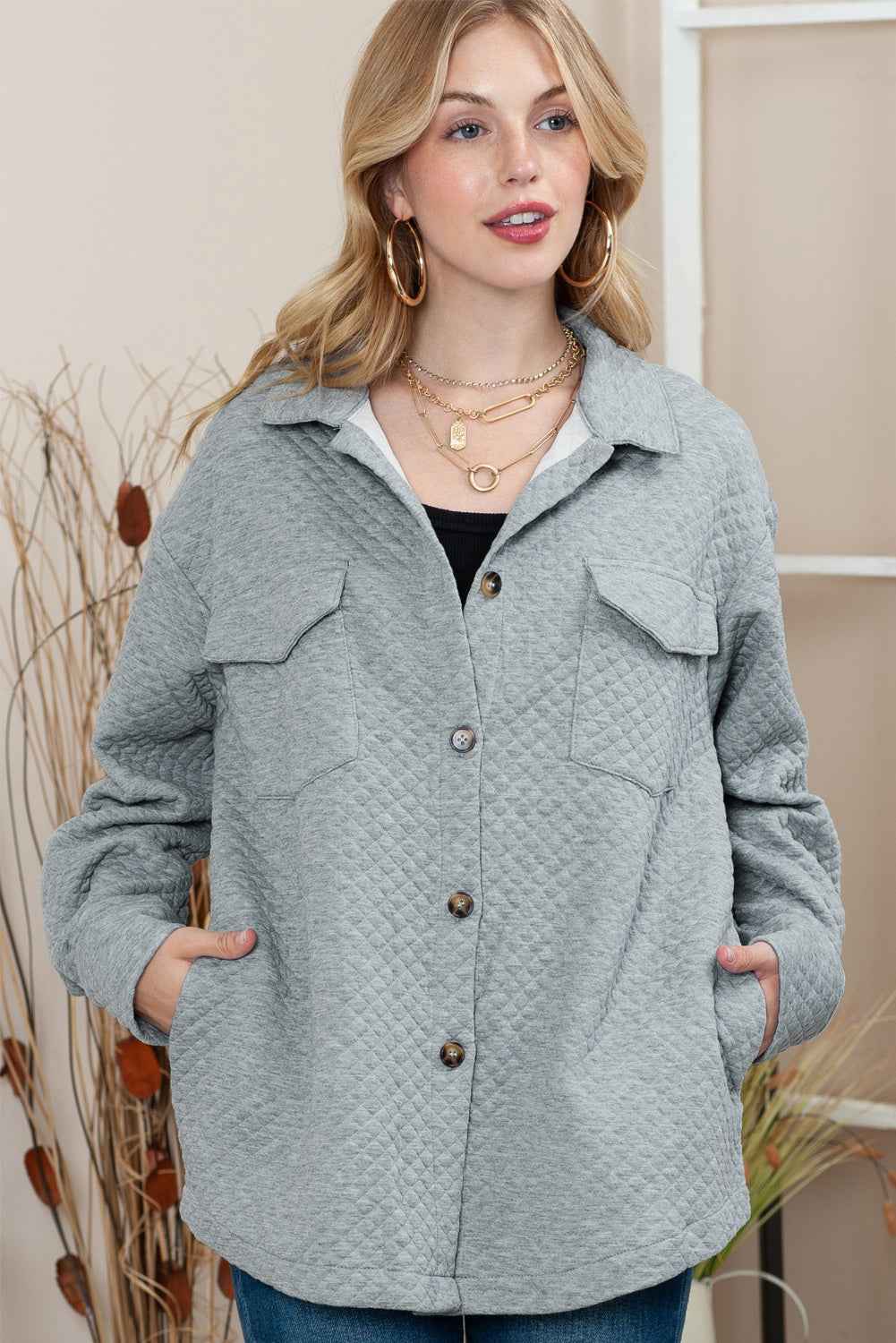 Gray Lattice Texture Retro Flap Pocket Button Quilted Shacket d13ed36ee75e5224
