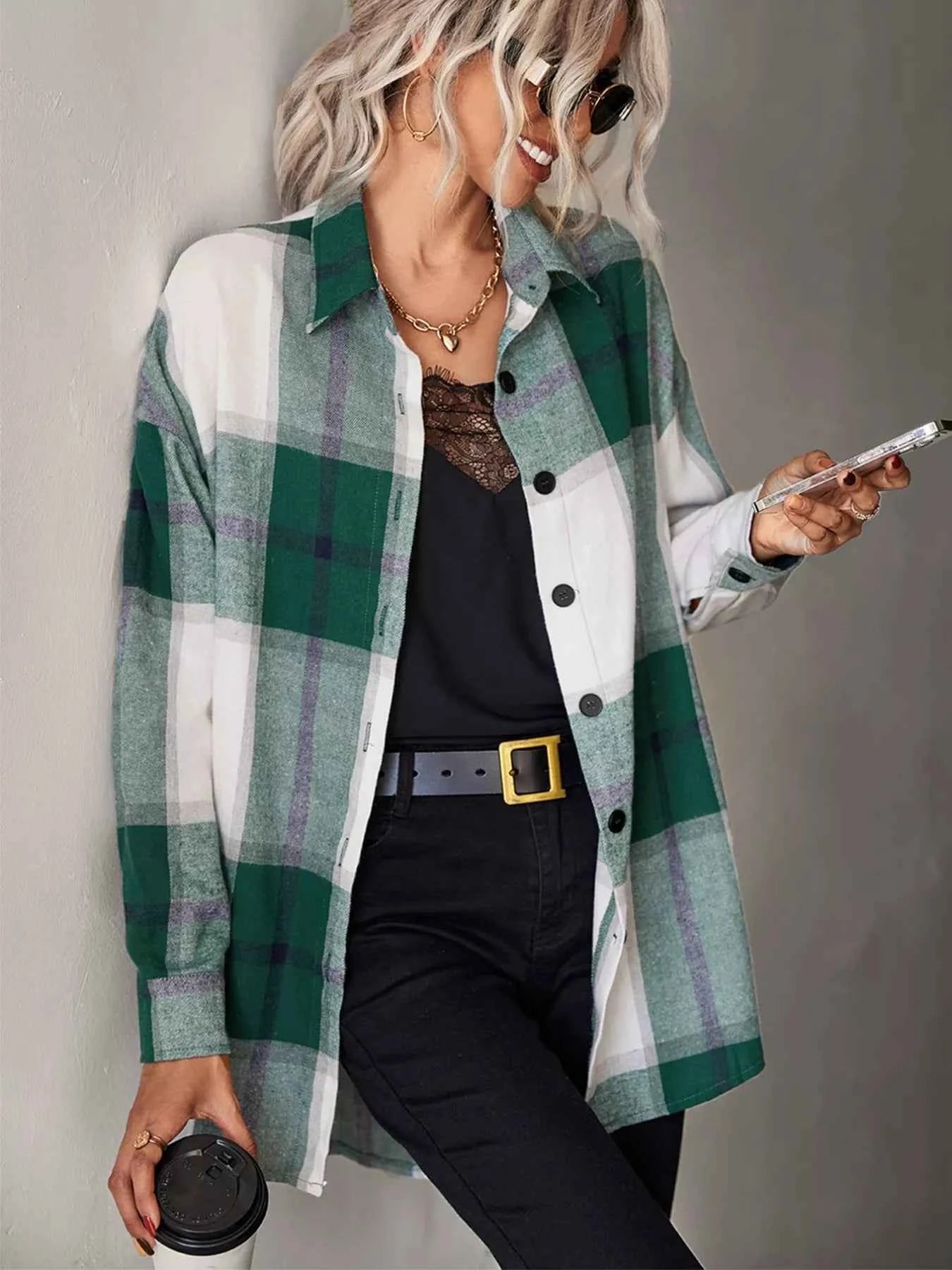 Plaid Button-Down Long Sleeve Shirt Dark Green d14187d4-2dc0-4940-958f-9ff0a3d82396-Max-Origin