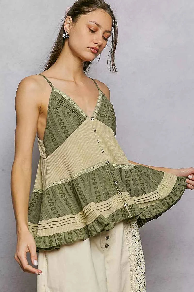 POL Button Front V-Neck Ruffled Cami with Pintuck Accents d14500f8-6dc5-41d5-a62d-8289925c597e-Max-Origin