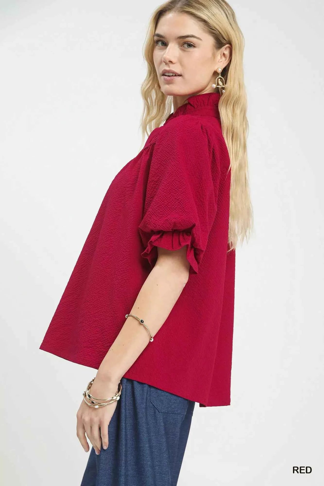 Umgee Textured Smocked Yoke Split-Neck Top d14511da-1074-4048-96dc-caeaec6c5f98-Max-Origin