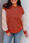 Orange Stripe Contrast Sleeve Patchwork Drop Shoulder Long Sleeve Sweatshirt Orange Stripe 95%Polyester+5%Elastane d14704b7cefd3fa2