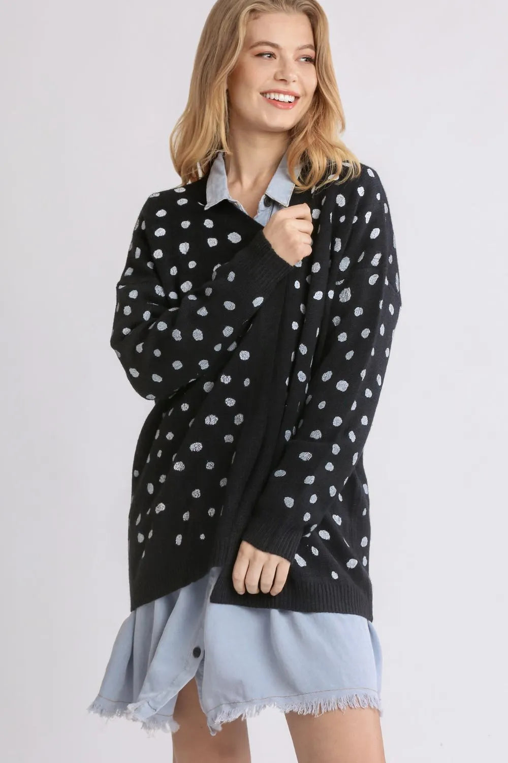 Umgee Polka Dot Open Front Drop Shoulder Cardigan Black d14a05a6-ed33-413e-a8d3-3b3764442f23-Max