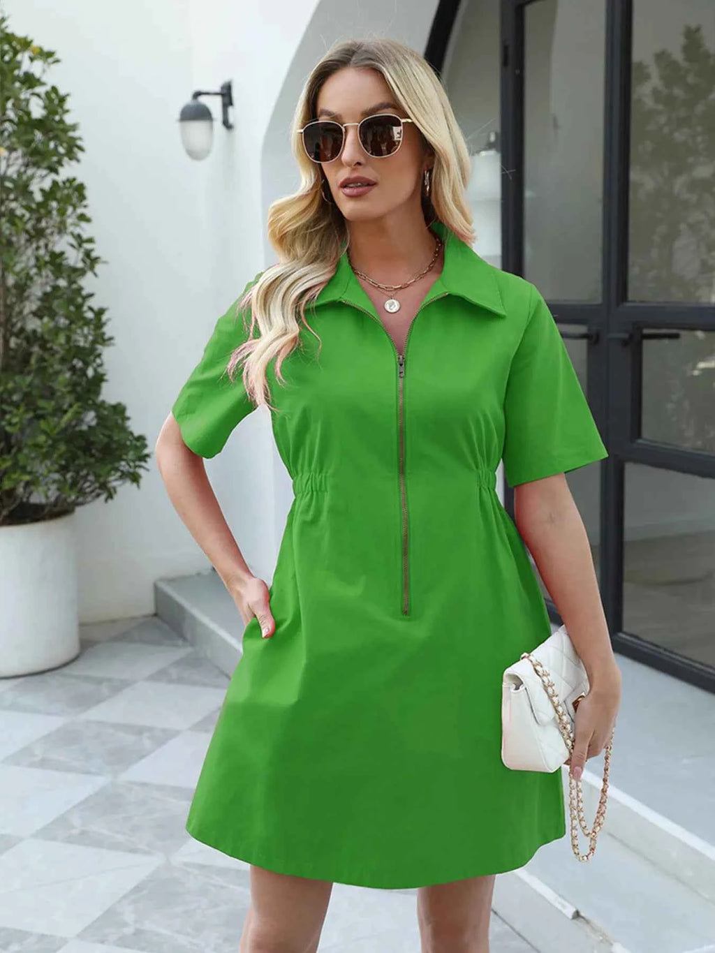 Zip-Front Short Sleeve Shirt Dress d14f8951d12445059c8ec31f7af06d48-Max-Origin