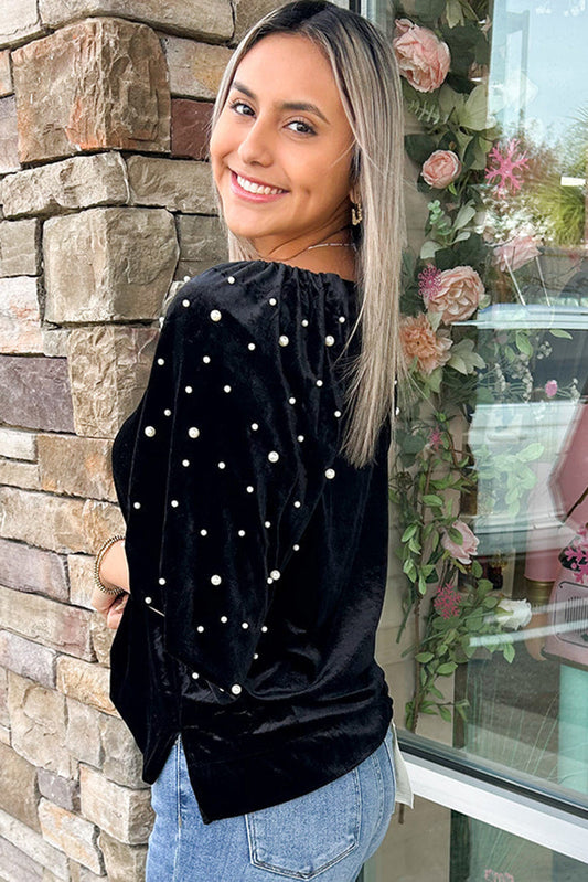 Black Pearl Beaded Half Sleeve Velvet Top d150c8705b81423d