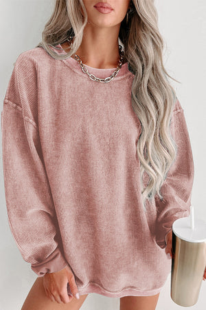 Green Ribbed Round Neck Drop Sleeve Pullover Sweatshirt Pink 100%Polyester d15251ea86bb3093