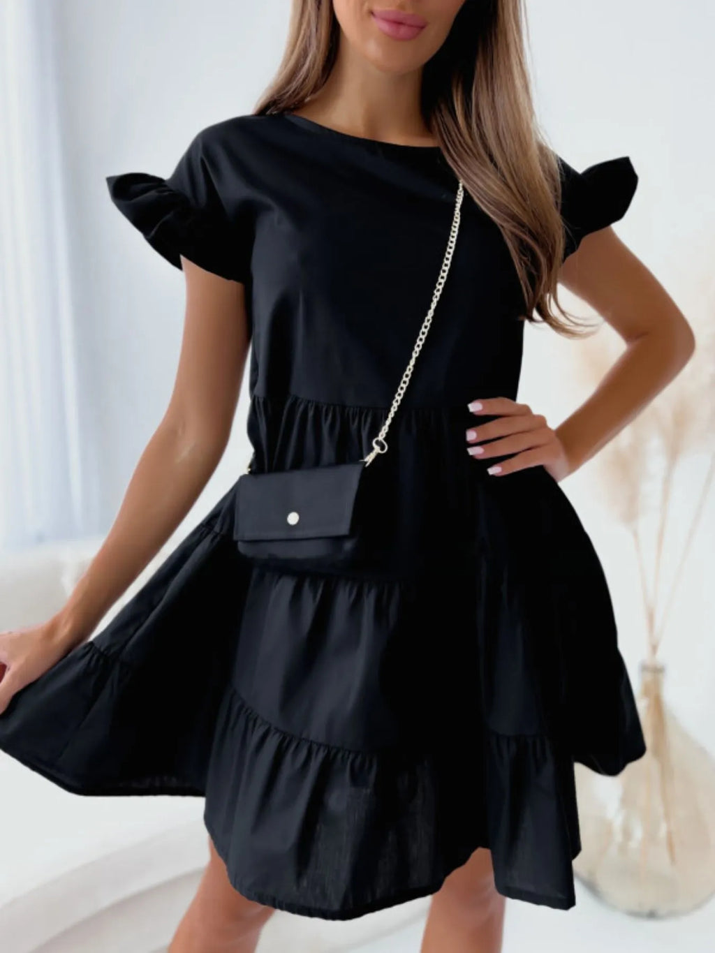 Ruffle Sleeve Tiered Swing Dress Black d1540706-55ea-4a39-8e01-7a6df713ff18-Max-Origin