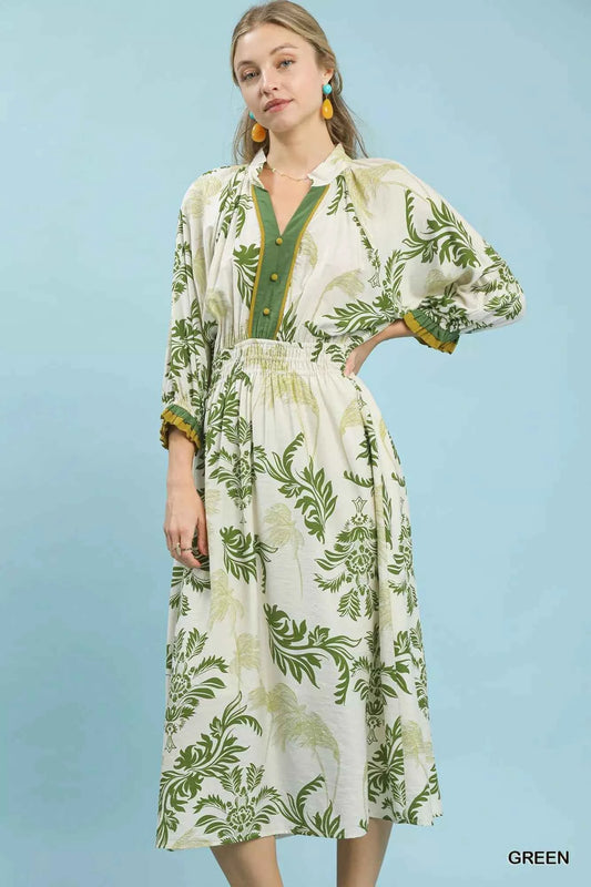 Umgee Tropical Print Button Detail Midi Dress GREEN d158785f-1bae-450d-be60-70cc7d892bb6-Max-Origin
