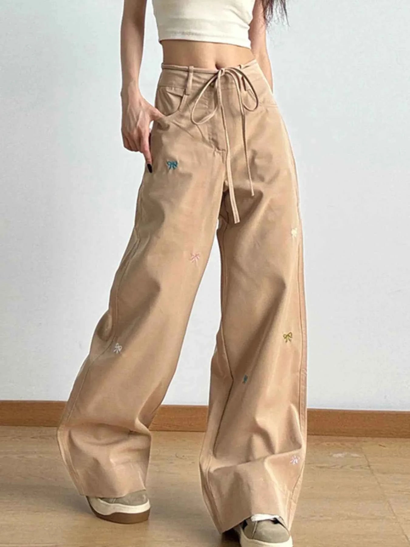 Bow Embroidered Wide Leg Drawstring Casual Pants Khaki d1589235-4442-4dd2-84dc-8bd6ba3d9d71-Max-Origin