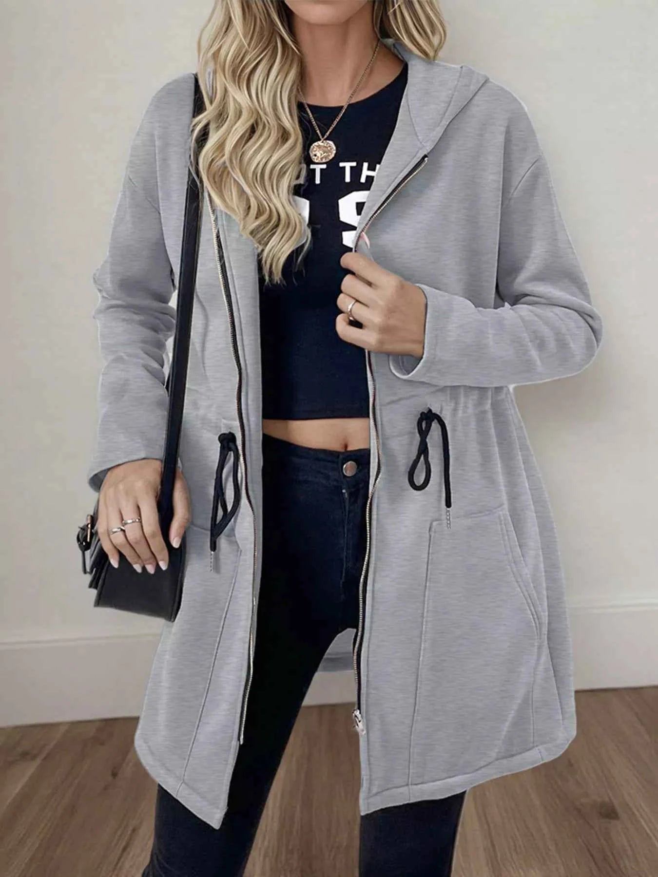 Drawstring Zip Up Hooded Outerwear Light Gray d15b4639330f41b1a317cab227bc23cf-Max-Origin