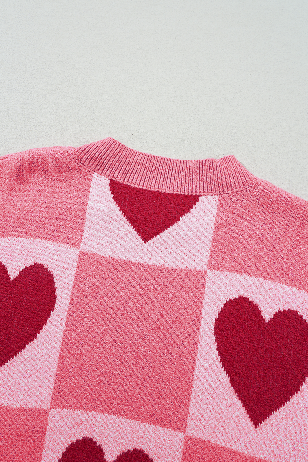 Pink Plus Size Heart Checkered Colorblock Lantern Sleeve Sweater d164b743d86a659a