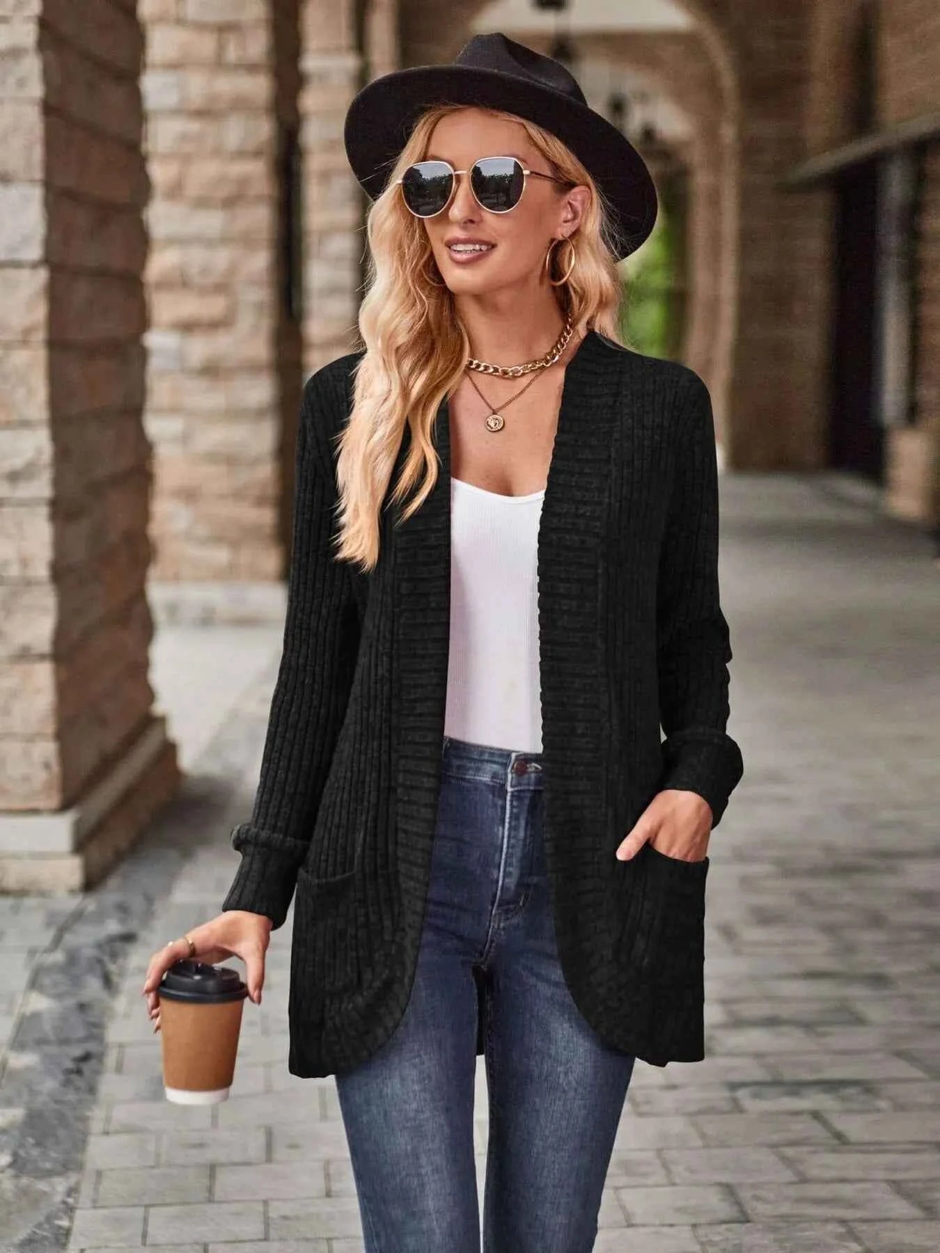 Ribbed Open Front Long Cardigan with Pockets