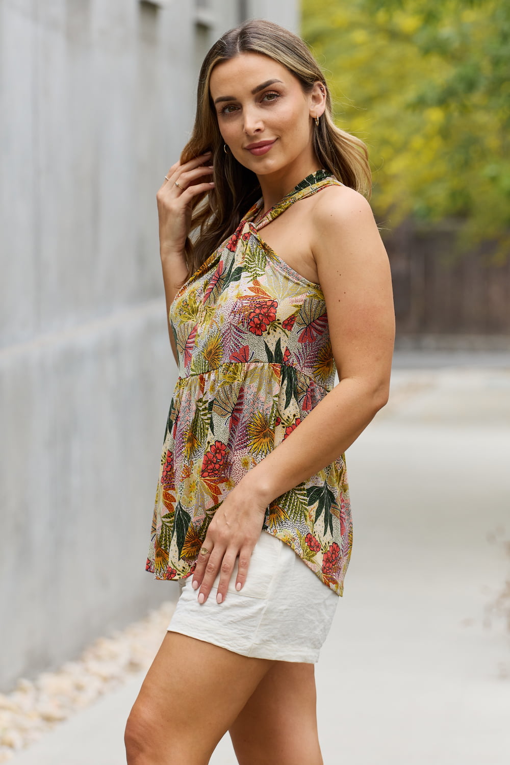Be Stage Full Size Floral Halter Top in Green d169f390b65c413ea3a94dd4c1dbe03a-Max