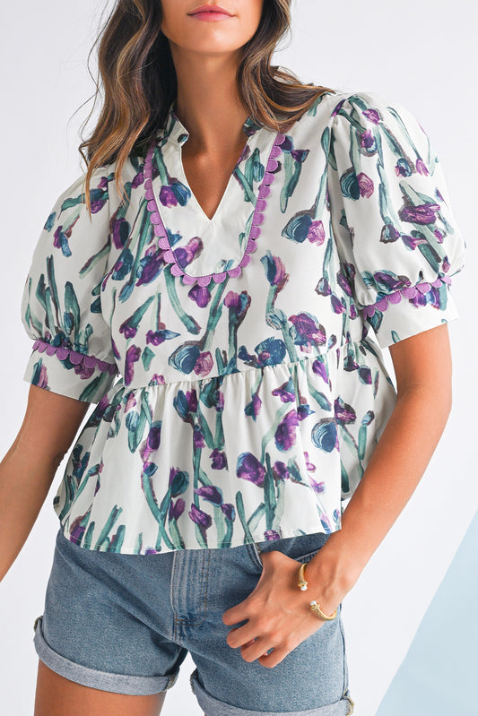 Purple Floral Ricrac Trim Puff Sleeve Peplum Blouse Purple d16babd4f5959262