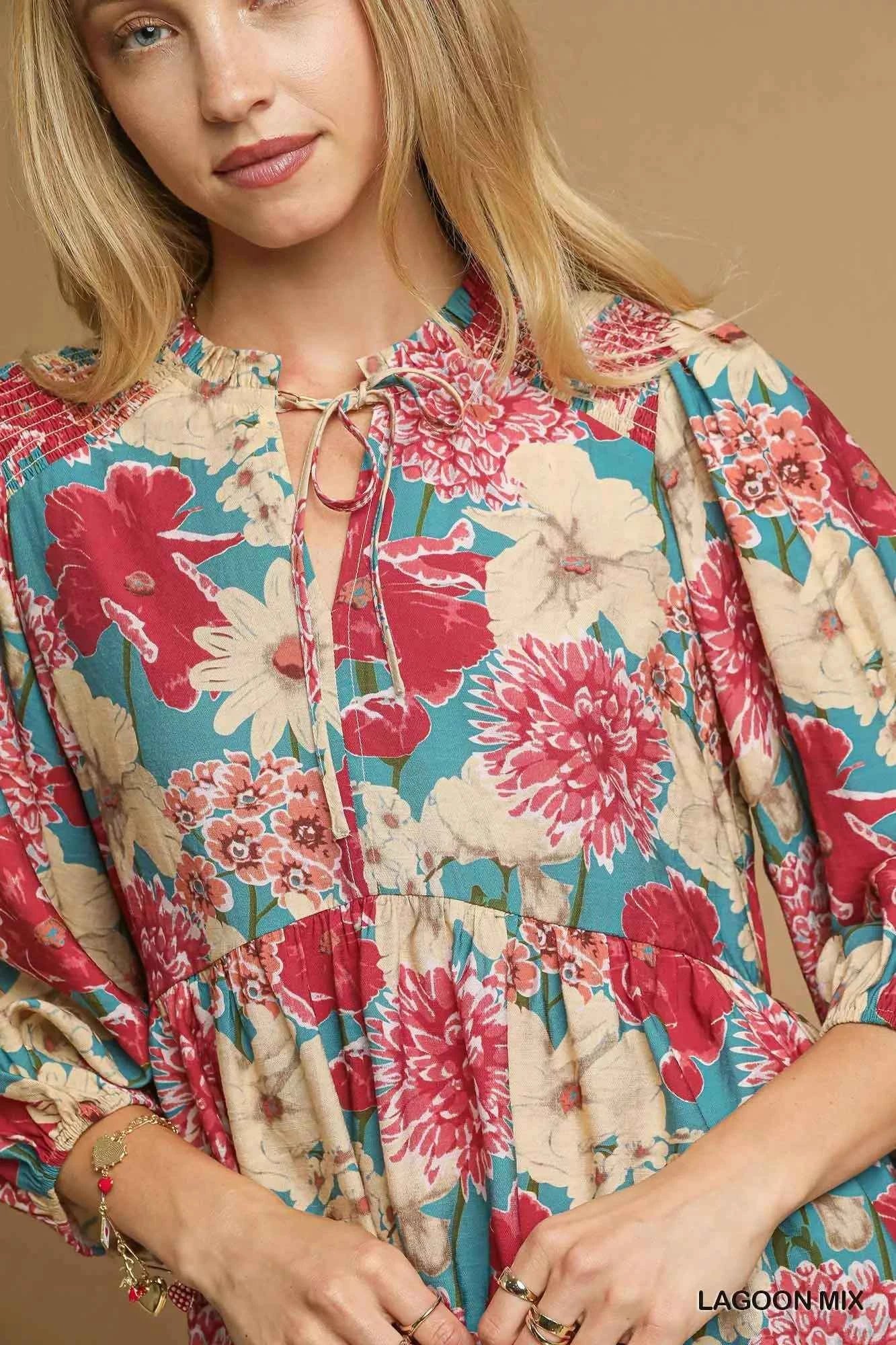 Umgee Mix Floral Peplum Blouse with Tie Neck d16caf57-9035-4531-b010-90e74d6cfb7e-Max-Origin