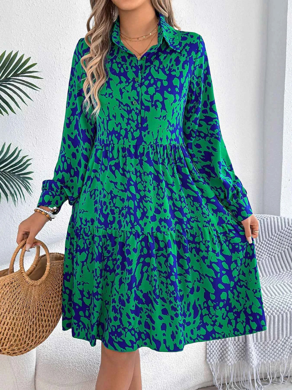 Printed Collared Neck Long Sleeve Dress d1740874cf4b44b9896b99227f76c713-Max-Origin