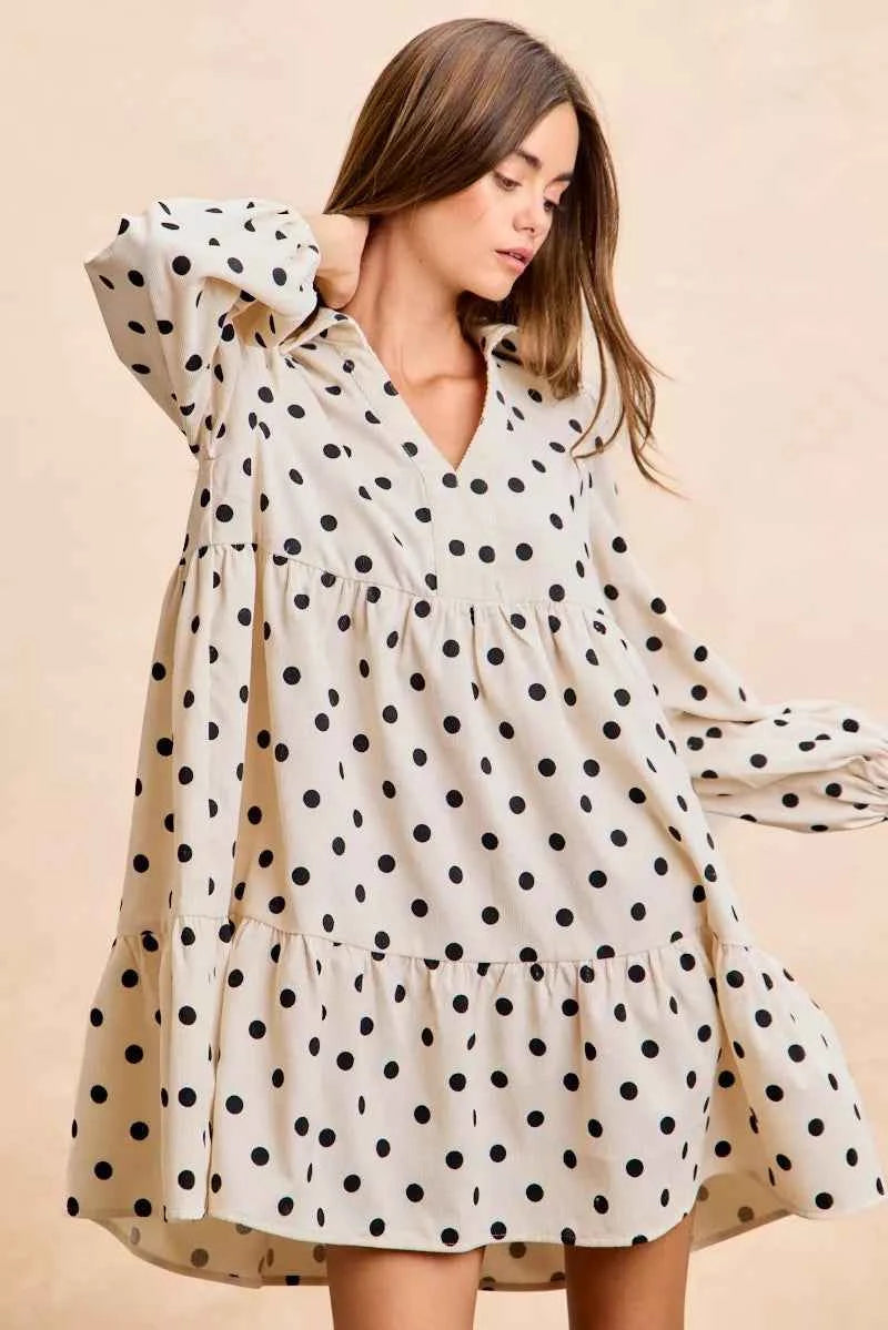 BiBi Polka Dot Corduroy Collared V Neck Dress d174fe366f274cd2957cb29b1ed310a2-Max-Origin