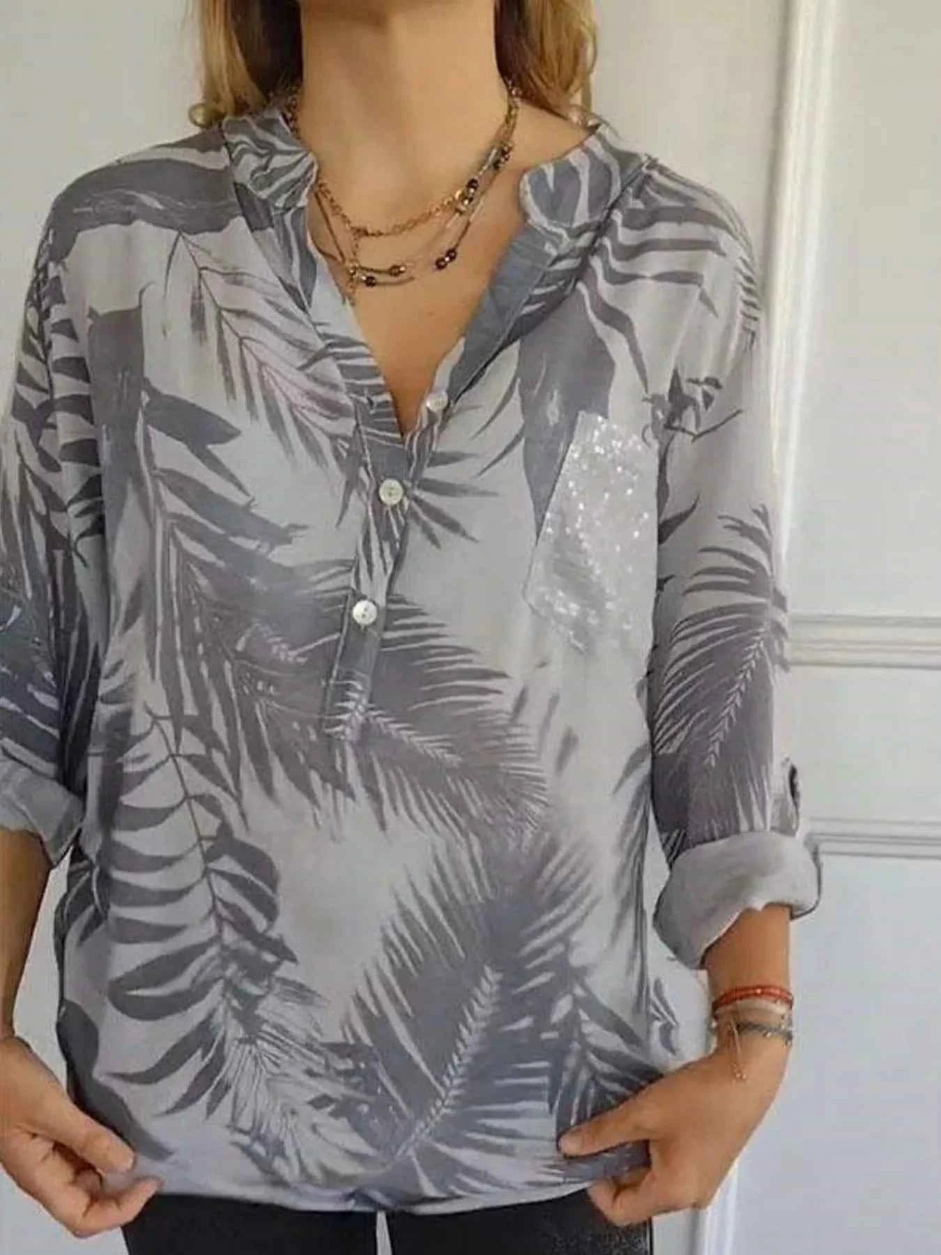 Full Size Printed Button Detail Long Sleeve Blouse Plus Size Gray d177c37e970b437da550c071200adac9-Max-Origin
