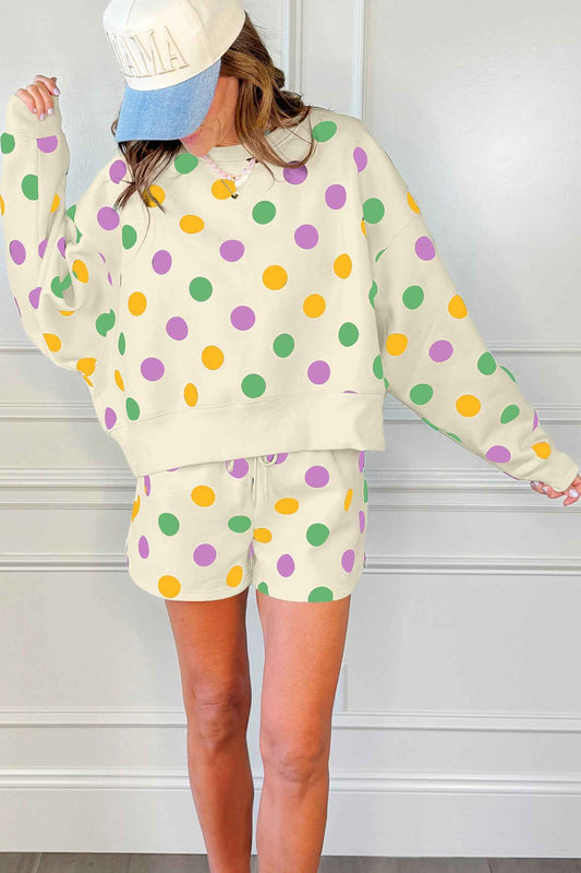 Multicolour Polka Dot Print Drop Shoulder Pullover Drawstring Shorts Set d1782b3aa184ac45