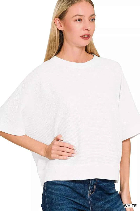 Zenana Double Knit Banded Bottom Short Sleeve Top d1810e3731664fdeb11b62efc2f6588e-Max-Origin