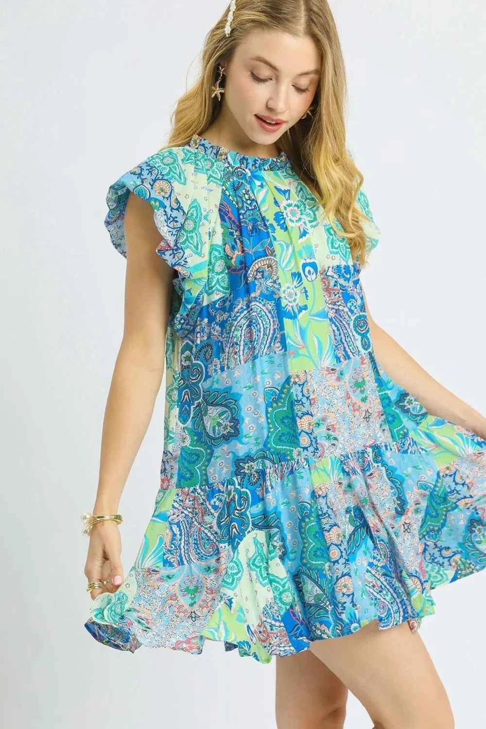 Umgee Printed Ruffle Cap Sleeve Mini Dress Neon Green d18217d7-6100-493b-a091-f2f9d7e0ed50-Max-Origin