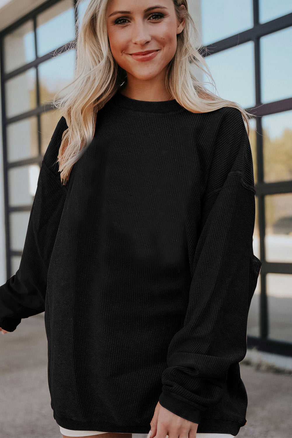 White Drop Shoulder Rib Knit Oversized Sweatshirt d18260558fb2b9ab