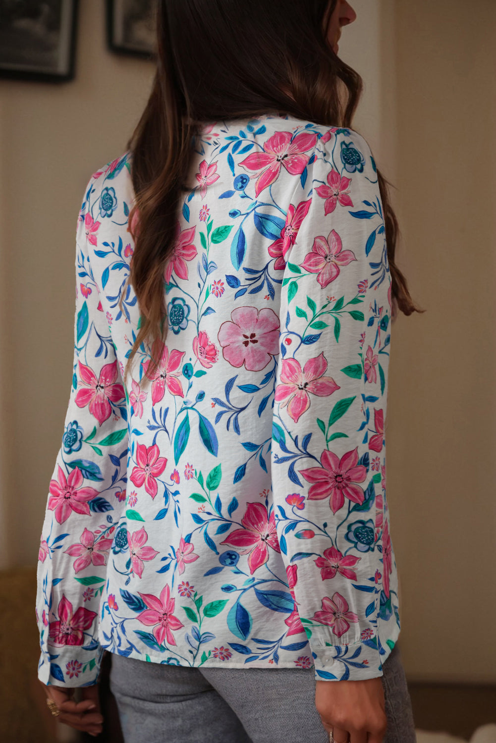 Pink Floral Print Lace Detail Button-up Long Sleeve Shirt d183add18decbbb0