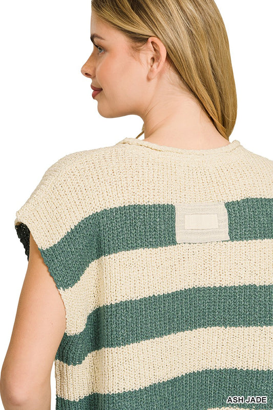 Split Neck Stripe Sleevless Sweater d1846eed6aa449ada0601bb278df2fcf-Max