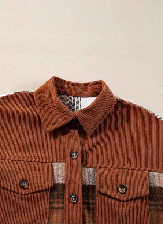 Plaid Corduroy Patchwork Pocketed Shacket d18645d4-c6ae-4186-9eec-739fe77527a4