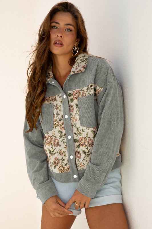 Floral Patchwork Ribbed Corduroy Shirt Jacket d1872d1d-e27f-4b6d-8ab2-d6778617e73e