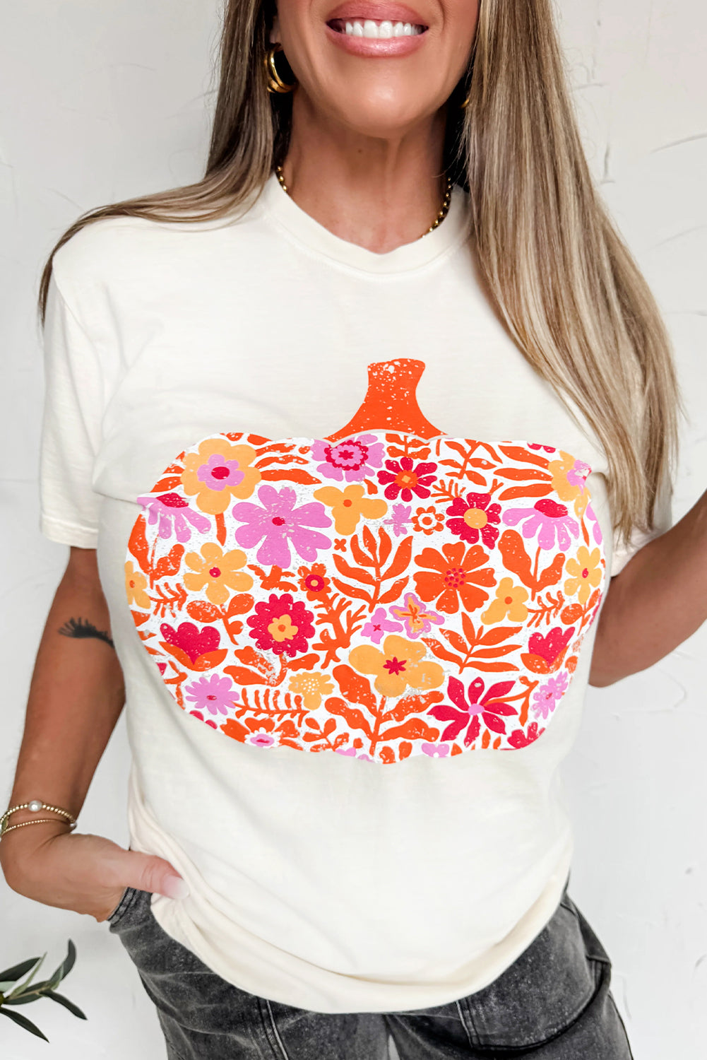White Floral Pumpkin Heat Transfer Printing Graphic Tee d18734900bf2d02f
